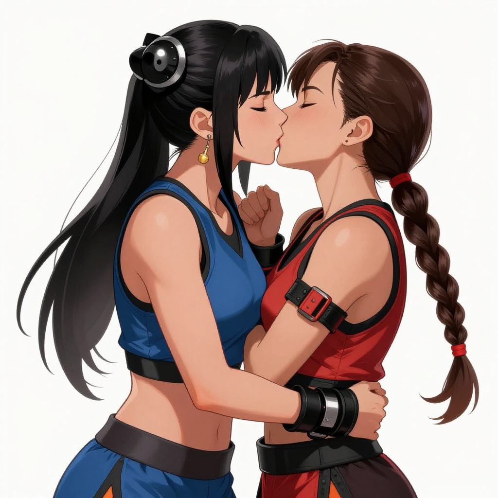 Tifa Lockheart and Chun-Li french kissing.