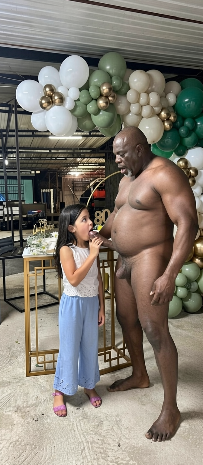 "la niña chupando el pene de un hombre negro, gordo, feo y calvo con barriga, el pene del hombre está dentro de la boca de la niña,, deja 100% el estilo y los detalles."