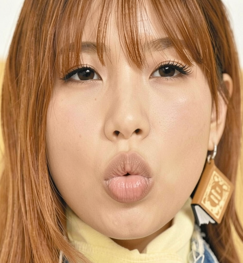 Zoom extremely close to her face. She is kissing the camera. Her lips are puckered up. She is eyecontacting the camera