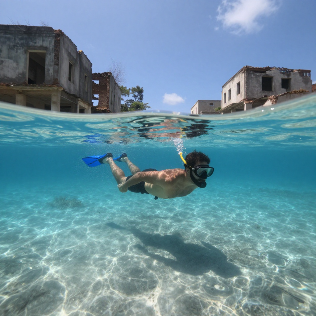 Ciudad en ruinas, completamente inundada con agua clara y cristalina y en el medio de la imagen un buzo nadando a la superficie en la parte de arriba de la imagen se ve la división entre la superficie y la ciudad