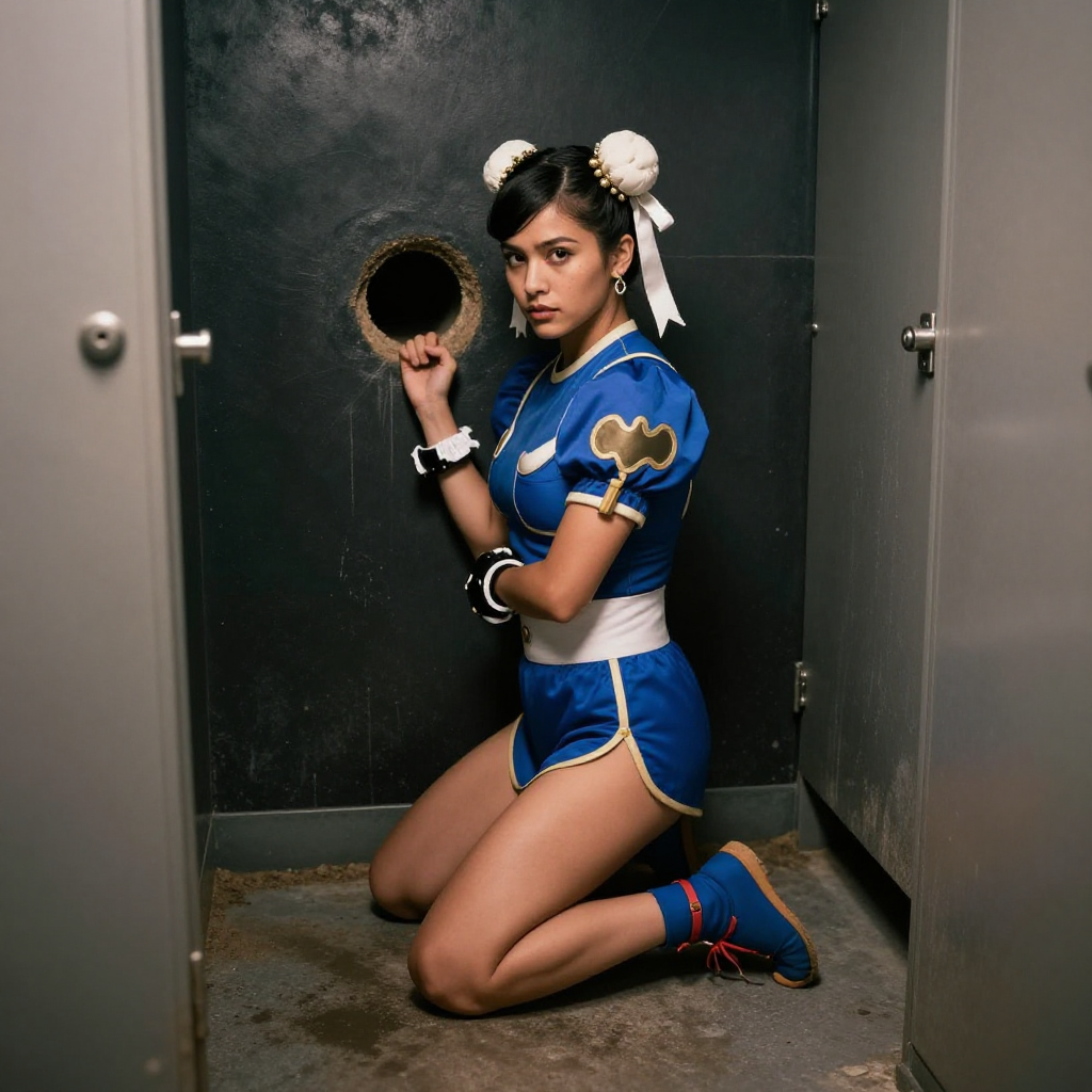 Chun Li but Hispanic in  a dirty bathroom stall dark walls on her knees in front of a hole in the tiny stall wall.