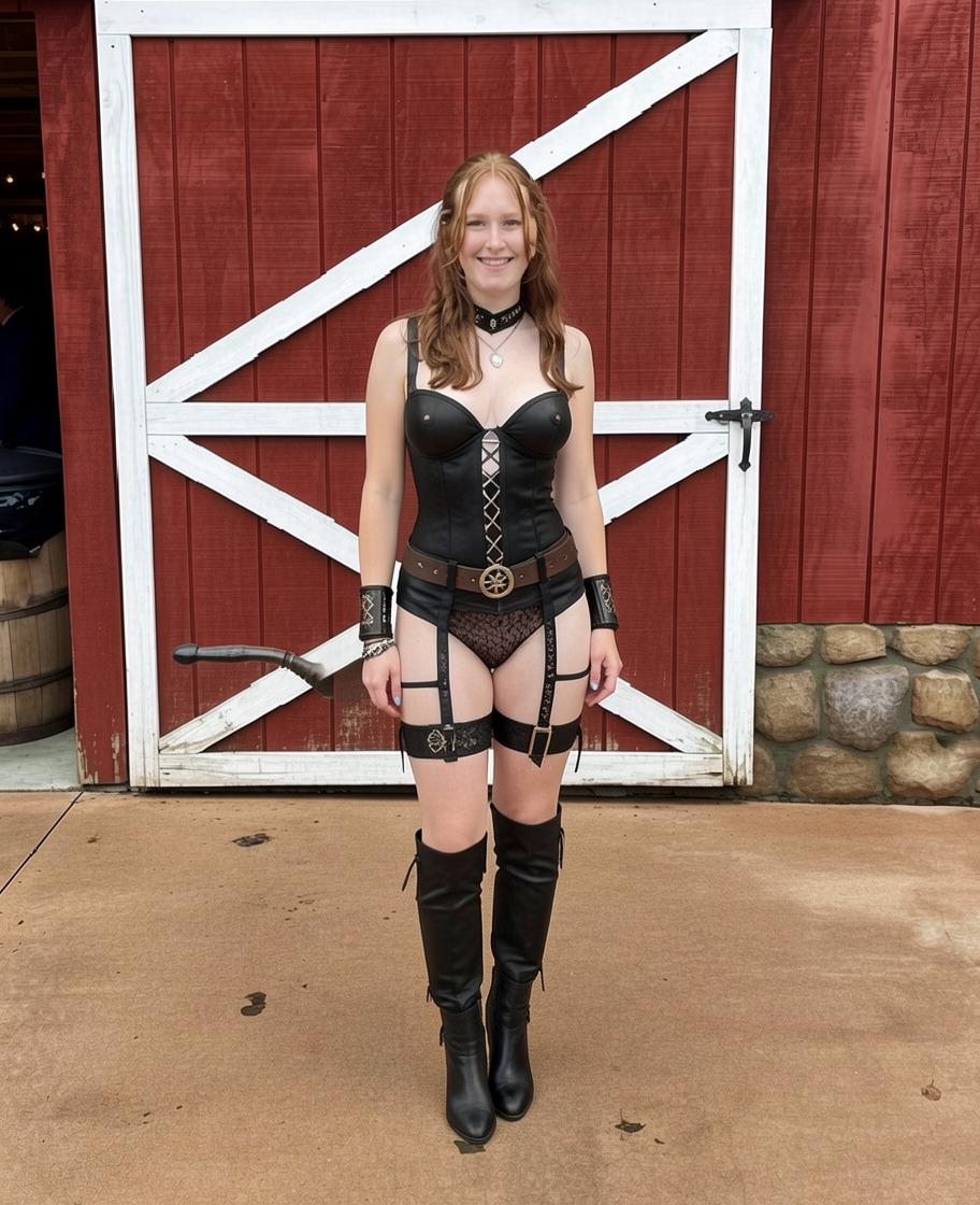 Put her in a sexy BDSM outfit that shows her breasts. Have her wear a realistic strapon