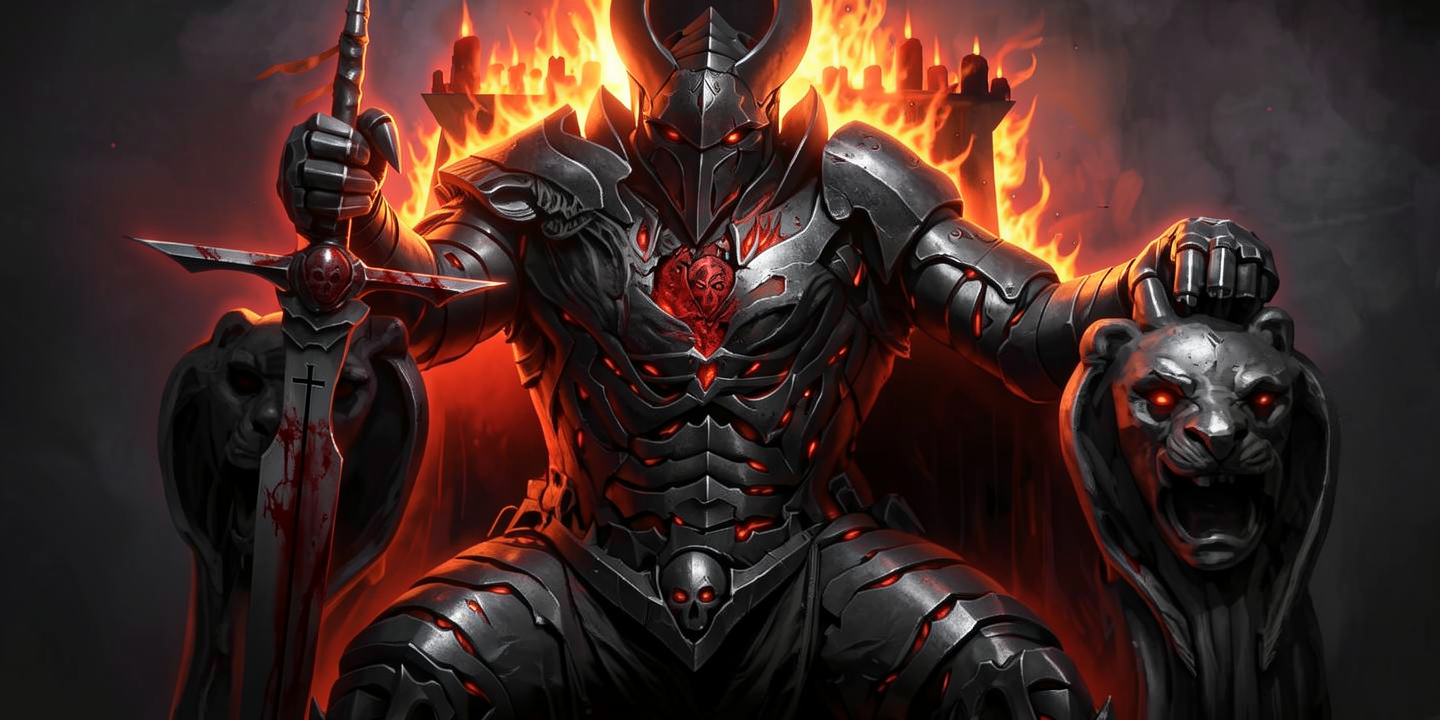 coloca un halo de fuego detras y resalta los colores rojos de su armadura y cambia mas oscuro metalico su armadura y su espada un aura oscura y con sangre en ella