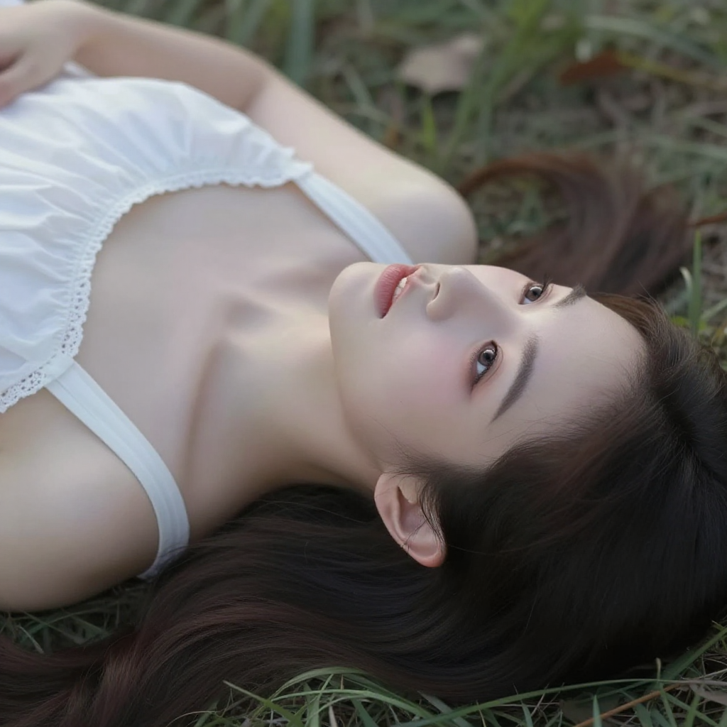 20-yo beautiful elf girl lying on her back looking up