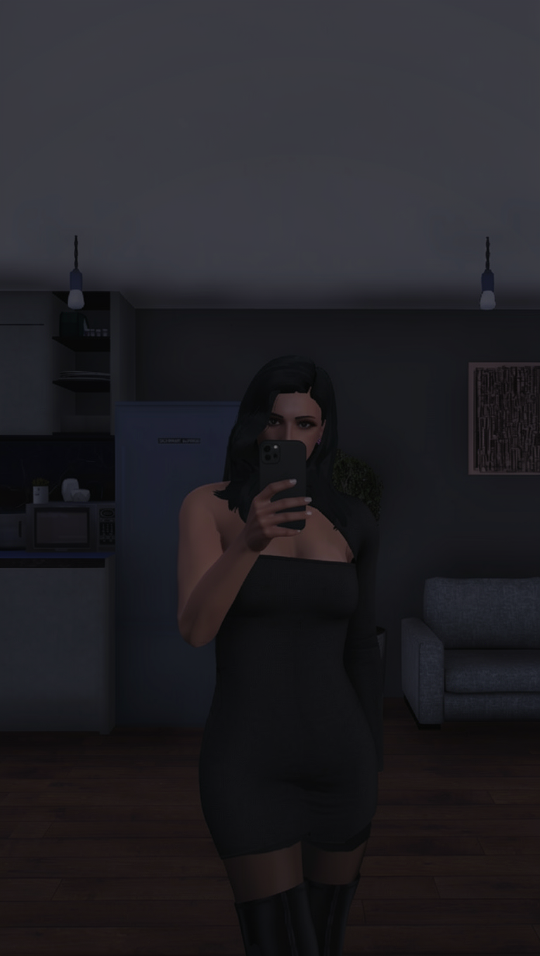 Add her a black IPhone 13 that fits perfectly in her hand. Don't change the quality, save the GTA5 in-game graphics. Make it more mirror-selfie-like. Don't change her clothings.