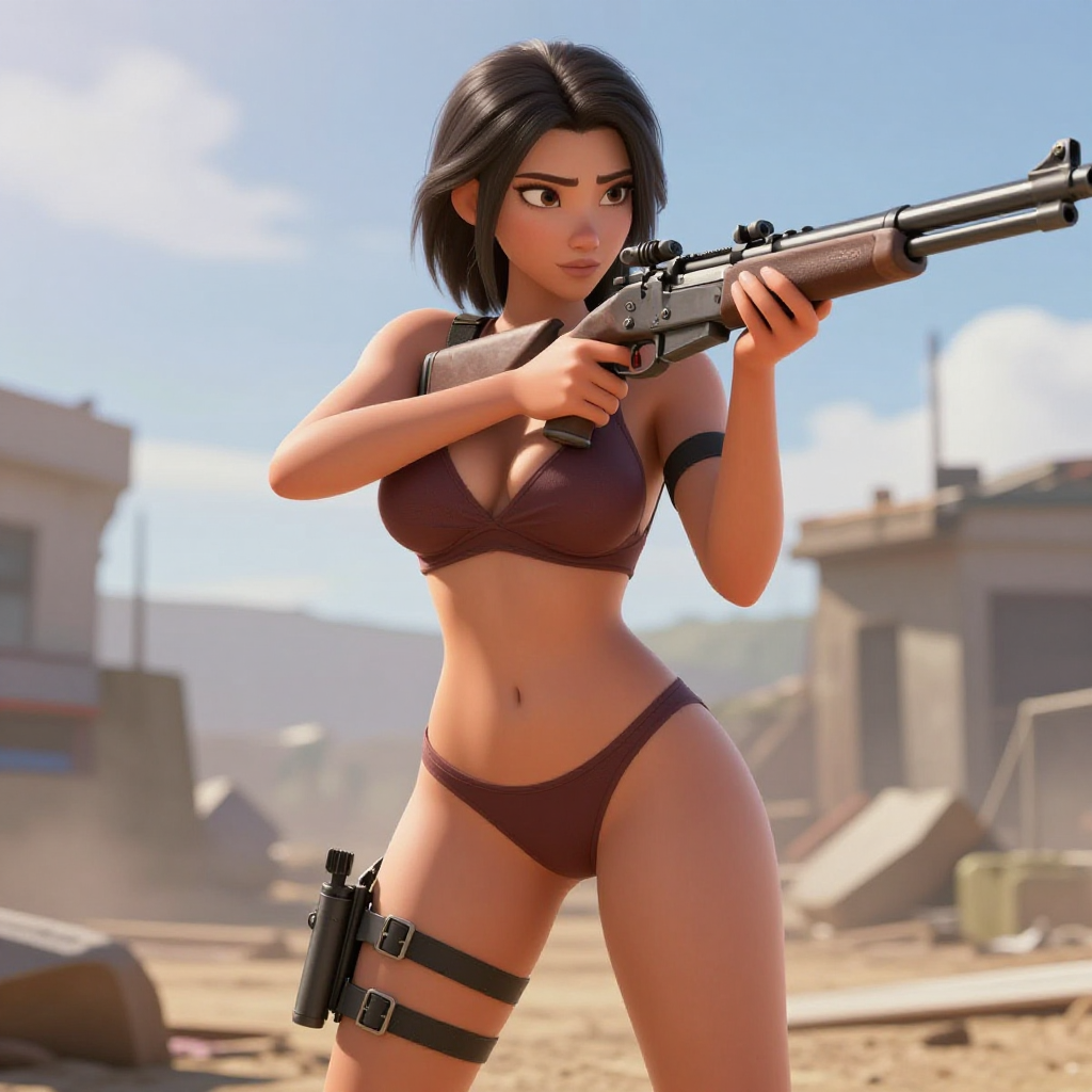 USEC pmc operative, escape from tarkov, reimagined as a 20 year old woman, huge breasts, curvy tight toned figure, posing erotically with her firearm, Pixar 3d, 8k masterpiece, she is brandishing an axmc bolt action .338 Papua rifle, no text on firearm