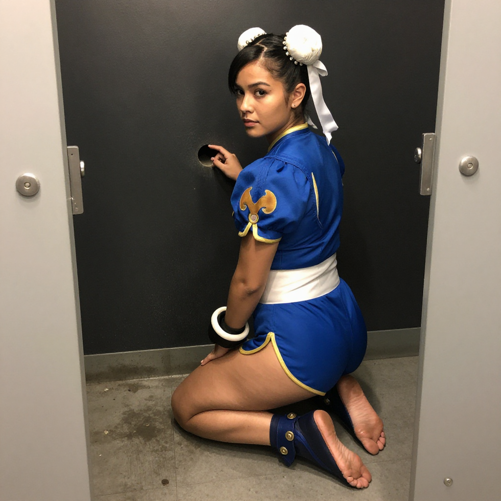 Chun Li but Hispanic in  a dirty bathroom stall dark walls on her knees in front of a tiny  sized hole in the tiny stall wall.